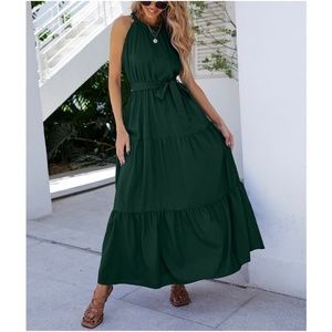 boho Dark Green tiered ruffle belted halter maxi dress